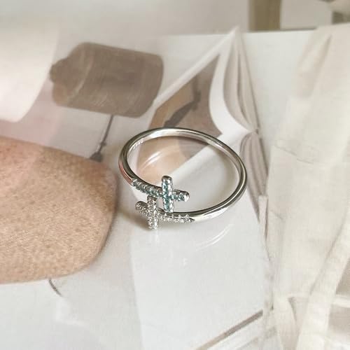 Faith Cross Wrap Ring for Women 925 Sterling Silver Adjustable Cubic Zirconia Double Cross Open Finger Rings Stackable Crystal Wedding Engagement Promise Bands Dainty Christian Religious Jewelry
