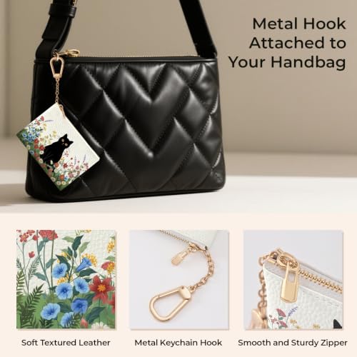 Black Cat Floral Keychain Coin Purse for Women Small Change Pouch - color: Black Cat and Flower