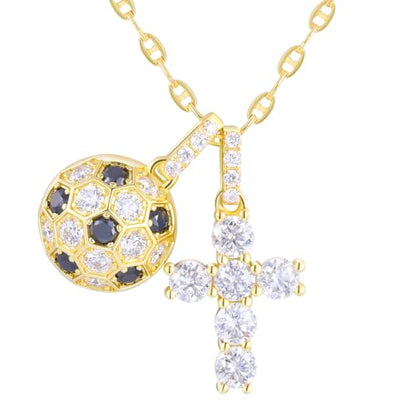 Moissanite Double Cross Necklace, Women Moissanite Diamond Cross Pendant - color: 14K Gold Vermeil+Football