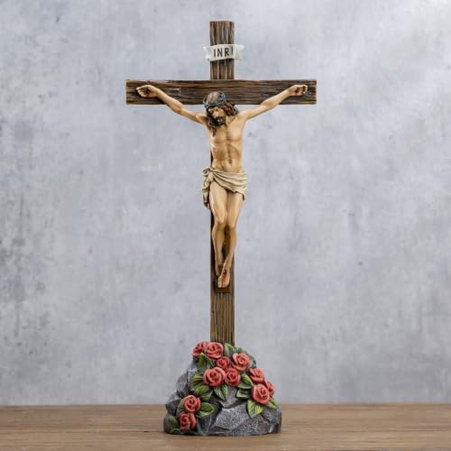 BC Catholic Crucifix Standing Cross with Rose Stone Base 12"H - size: 12 inches H