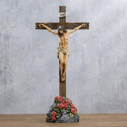 BC Catholic Crucifix Standing Cross with Rose Stone Base 12"H - size: 12 inches H