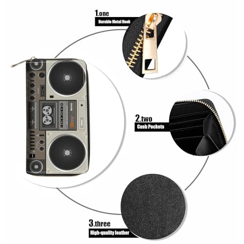 Women's Retro Animal Print Wallet, Beige, Faux Leather, Slim, Compact, 8 Card Slots, Zipper Closure - color: Retro Radio