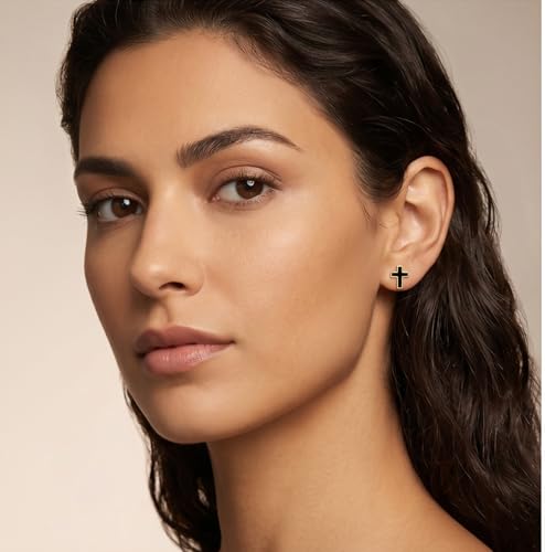 Reffeer Solid 925 Sterling Silver Cross Stud Earrings for Women Teen Small Black Cross Earrings Studs - color: B-Yellow
