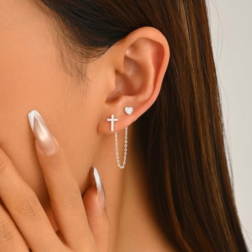 925 Sterling Silver Cross Heart Chain Stud Earring for Women - color: silvery