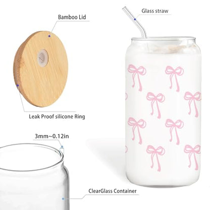 Pink Coquette Preppy Pink Bow Glass Coffee Cup With Lids And Straws 14oz,Pink Bow GiftsTrendy Glass Cup For Girls Bestfriend Sister Girlfriend - color: Pink Bow2