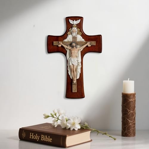 Grace4Joy Holy Trinity Wall Cross, 12 Inches Holy Trinity Crucifix Catholic Home Decor, Hand-Painted Resin Jesus on Wooden Crucifix Religious Housewarming Gifts - color: Cherry