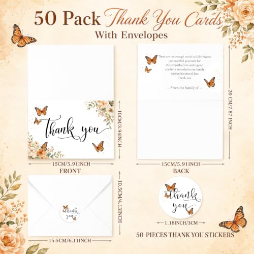 Fumete 50 Set Funeral Thank You Cards, Monarch Butterfly - style: Monarch Butterfly