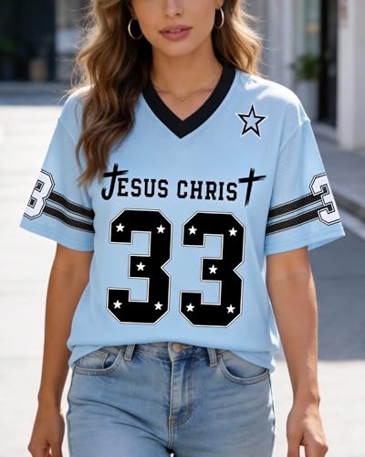 CHAIRAY Jesus Jersey Christian Football Jersey 33 Y2k Baggy Shirts Oversized V Neck Tee Tops for Women Men - color: 01 Blue, size: Small