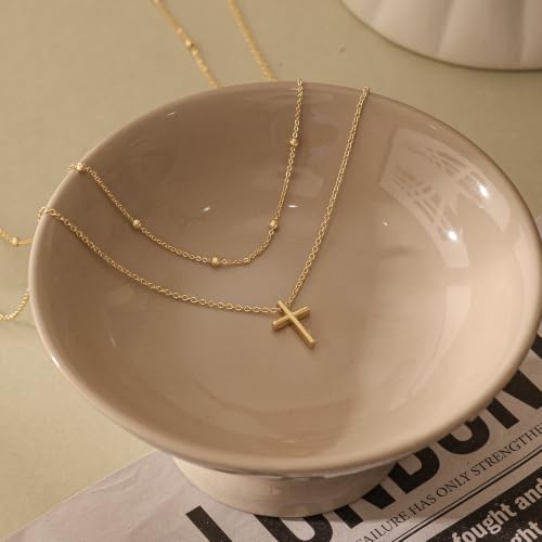 Cross Necklace for Women, Dainty Gold Necklace Tiny Cross Charm Necklace - color: Gold-Beaded+Cross
