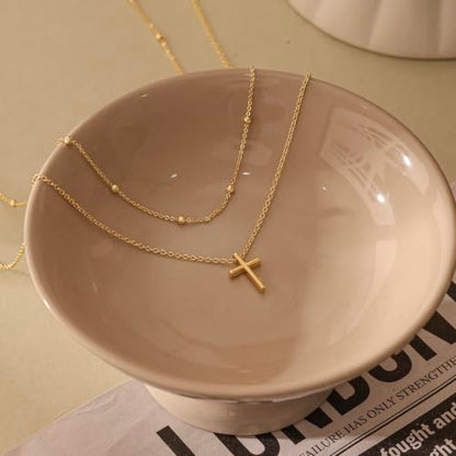 Cross Necklace for Women, Dainty Gold Necklace Tiny Cross Charm Necklace - color: Gold-Beaded+Cross