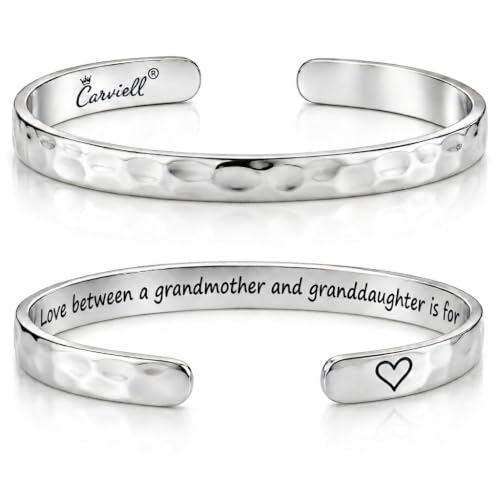 Carviell Bracelets for Women – 100+ Meaningful Engraved Messages – Solid 316L Surgical Stainless Steel Cuff Bracelet – Gift Ready - color: GRANDDAUGHTER GRANDMA Gift - The love between a grandmother and granddaughter is forever