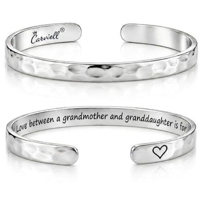 Carviell Bracelets for Women – 100+ Meaningful Engraved Messages – Solid 316L Surgical Stainless Steel Cuff Bracelet – Gift Ready - color: GRANDDAUGHTER GRANDMA Gift - The love between a grandmother and granddaughter is forever