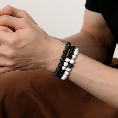 Mens Beaded Bracelets, 8MM Beaded Bracelets for Men, Natural Tiger Eye Bead Bracelet, Stretch Elastic Beads Bracelets for Men - color: 3 black volcanic white pine