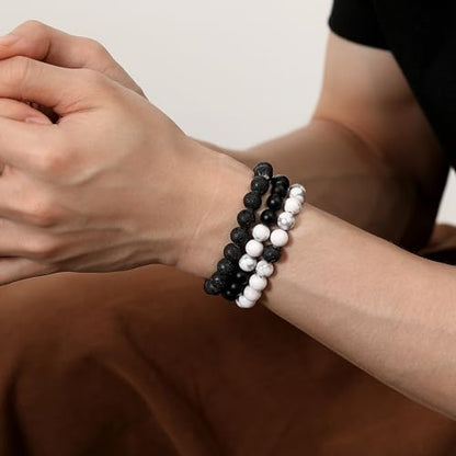 Mens Beaded Bracelets, 8MM Beaded Bracelets for Men, Natural Tiger Eye Bead Bracelet, Stretch Elastic Beads Bracelets for Men - color: 3 black volcanic white pine