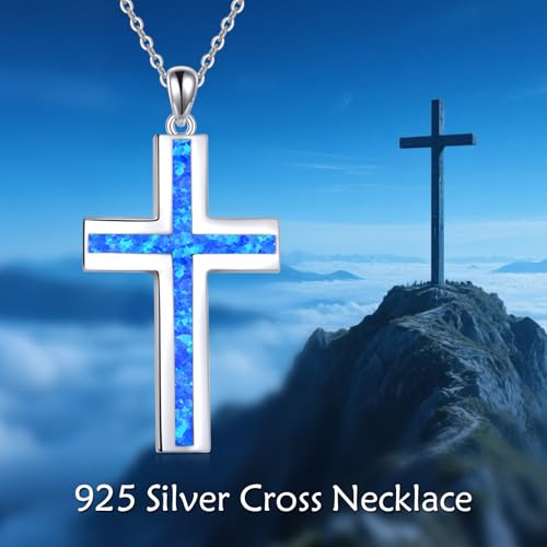 YFN Cross Necklace Sterling Silver Religious Cross Pendant Jewelry Christian Gifts for Women Men - style: B. Blue Opal