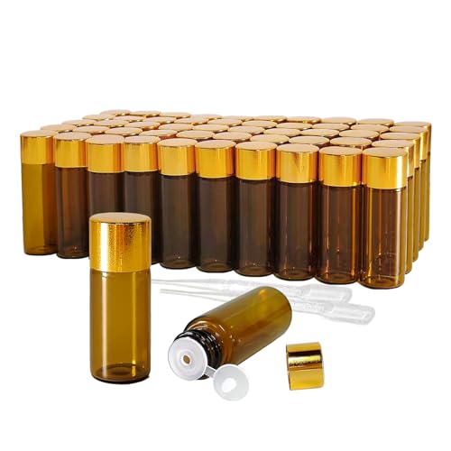 50Pcs 5ml Amber Mini Essential Oil Bottles Sample Bottles with Orifice Reducers and Gold Caps,3/5ml Amber Glass Bottles Vials,for Perfume Aromatherapy Cosmetic Oils Container - size: 5ml