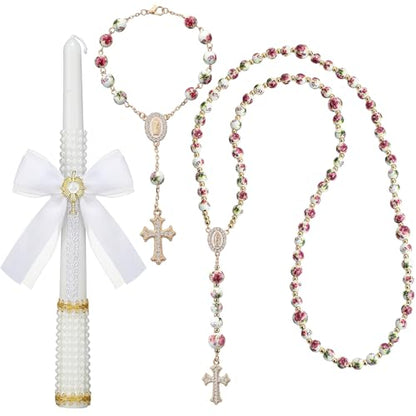 WILLBOND 3 Pcs First Communion Rosary and Candle Present Set, Rose Rosary