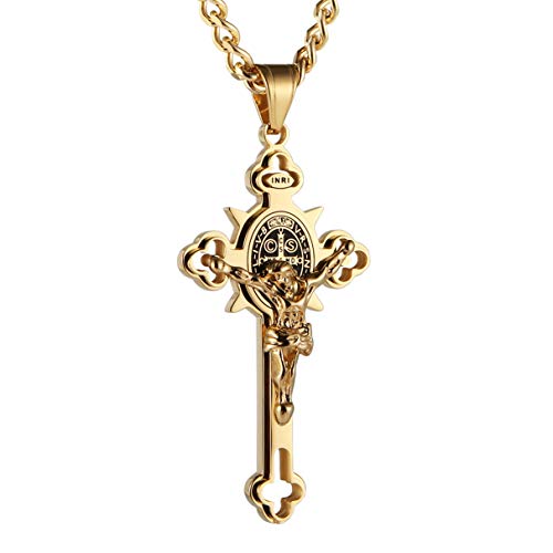 HZMAN Stainless Steel St. Benedict Crucifix Cross Necklace for Men - color: Large Gold