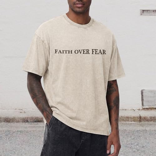 Tuislay Faith Over Fear Shirt Men Jesus Christian Shirts Oversized Graphic Tshirts God Religious Bible Verse T-Shirts Clothes - color: Apricot, size: Small
