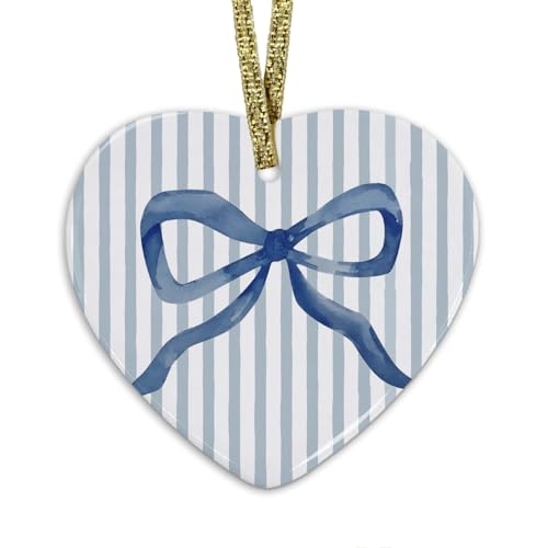 Preppy Blue Bow Ornament, Blue Coquette Bow Hanging Heart Ornaments for Christmas Tree Holiday Party Decorations, Striped Trendy Girly Xmas Decorative Ornaments Keepsake TCP - color: Bow-blue-4