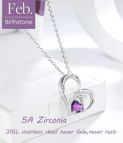 Birthstone Cross Necklace for Girls, Child of God Cross Gifts Jewelry - color: 02. Feb, style: 01. Silver