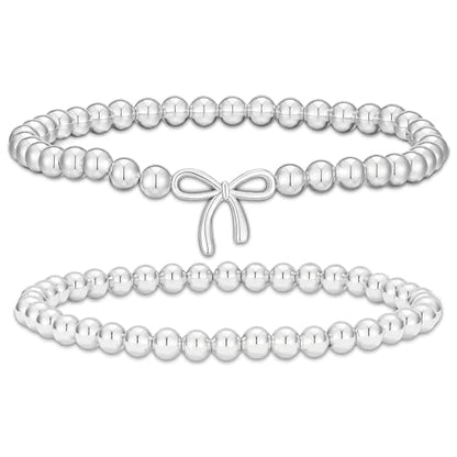 2Pcs Cross Bow Beaded Bracelets for Women - color: 04-Silver-Bead＋Bow