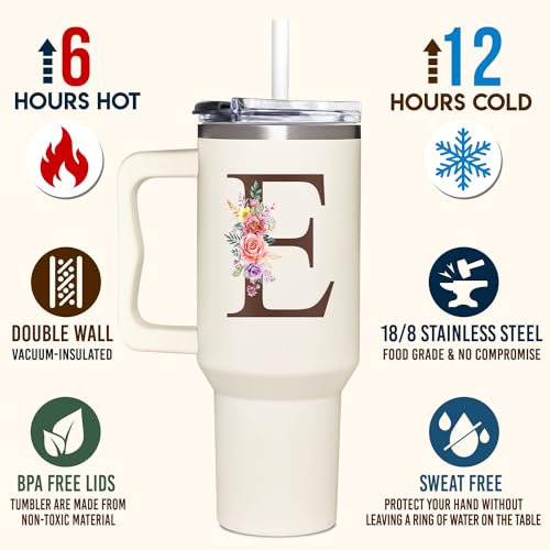 Personalized Gifts for Women, Customized Mother's Day, Birthday, Xmas Gift For Grandma, Mom, Wife, Friends, Sisters, Coworkers, Monogrammed Tumbler 40oz with Lid and Straw - color: E