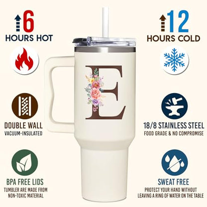 Personalized Gifts for Women, Customized Mother's Day, Birthday, Xmas Gift For Grandma, Mom, Wife, Friends, Sisters, Coworkers, Monogrammed Tumbler 40oz with Lid and Straw - color: E