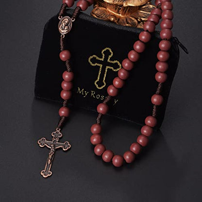 10mm Brown Beads Catholic Rosary Handmade Braided Rosaries with Curcifix Cross and Holy Mary Medal Amulet Rosary Beads Necklace for Women Men - color: Reddish