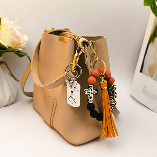 SHINYHARBOR Silicone Beaded Wristlet Keychain Bracelet,Key Wrist Keychains for Women Mom Teachers Best Friend - color: Cross-brown