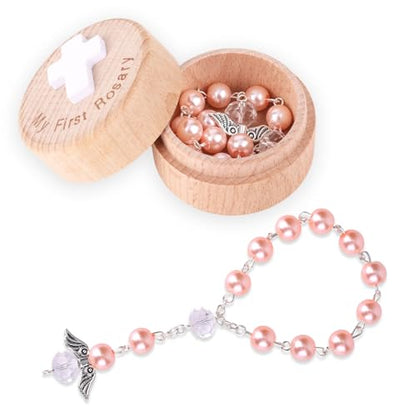 My First Rosary Baptism Gifts, Baptism Memorial Box & Rosary Bracelet with Angel Wings Catholic First Communion Christening Beads Gifting Set for Baby Shower
