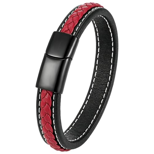 Kim Carrey Italian Handmade Leather Bracelets for Men - color: Black Red, size: 8.6"