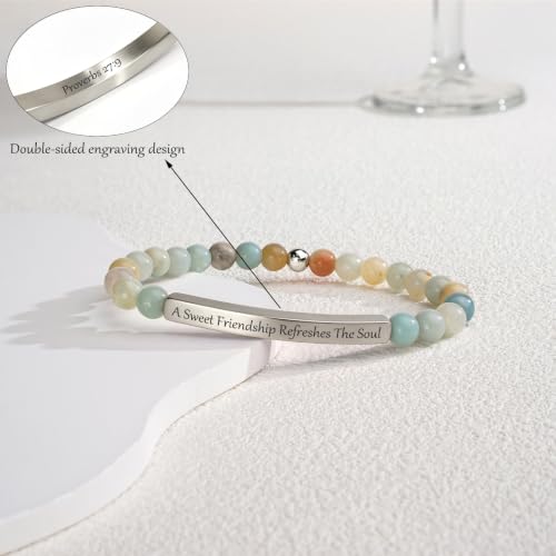 Inspirational Christian Bracelet for Women, 18K Gold Plated Bible Verse Jewelry with Amazonite Beads, Religious Faith Gift for Mom, Daughter, Sister, Friend - color: A Sweet Friendship Refreshes The Soul-Amazonite Silver