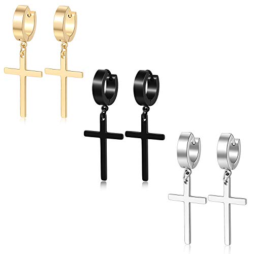 Men Women Stainless Steel Cross Earrings Set Dangle Hinged Earrings of Dangle Hinged Earrings Cross hoop Earrings - color: 3 Pairs Cross Earrings (Black+Silver+Gold) Large