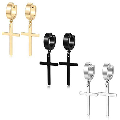 Men Women Stainless Steel Cross Earrings Set Dangle Hinged Earrings of Dangle Hinged Earrings Cross hoop Earrings - color: 3 Pairs Cross Earrings (Black+Silver+Gold) Large