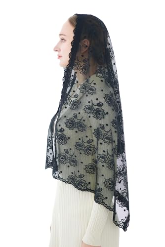 Wgior Catholic Chapel Veil – Floral Mantilla Head Covering for Church, Prayer, and Modesty – Soft Rectangular Shawl - color: Black