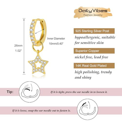 DAILY VIBES Cute Butterfly Star Cross Heart CZ Dangle Earrings for Women - color: Gold Star CZ