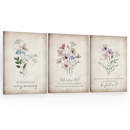 PHAMTE Vintage Christian Wildflower Spring Wall Art Decor Canvas Set of 3, Bible Verse Scripture Pictures Wall Decor for Church Prayer Living Room Home, Rustic Floral Framed Artwork for Walls 11x14in - color: vintage-C, size: 14"L x 11"W