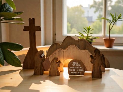 Wooden Easter Empty Tomb Decoration Set with Cross and Figurines, he is Risen, Jesus Resurrection Scene Christian Decor for Home, Church, Office, Shelf Display, Easter Table Decor (#D) - color: #D