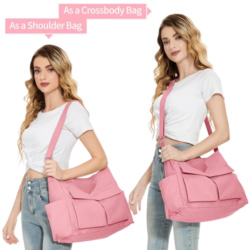 KALIDI Canvas Tote Bag Zipper Large Crossbody Shoulder Bag Messenger Bag - color: Upgraded Pink