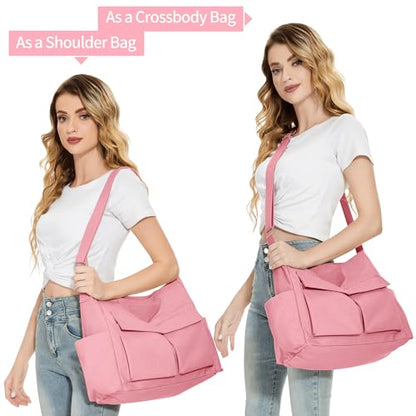 KALIDI Canvas Tote Bag Zipper Large Crossbody Shoulder Bag Messenger Bag - color: Upgraded Pink
