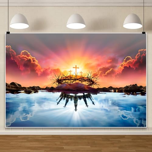 Renaiss 7x5ft Resurrection of Jesus Backdrop Reflection of Holy Light Sky on Water Photography Background Crown of Thorns Easter Banner Church Event Christian Party Decoration Photo Booth Props - size: 7x5ft