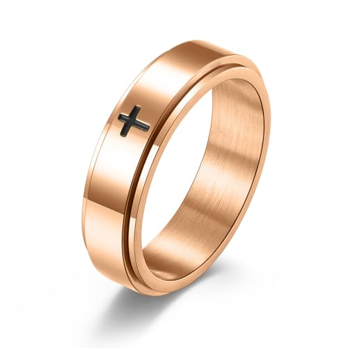 8MM Stainless Steel Cross Christian Ring Classic Plain Spinner Wedding Band for Men Women - color: 6mm - Rose Gold