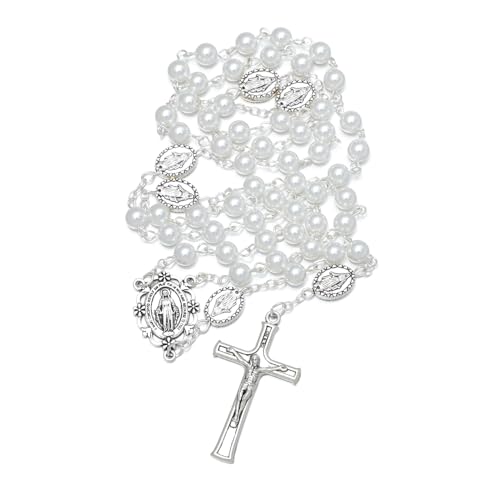 KOMI 6mm Glass Pearl Rosary Beads Catholic for Women with Metal Rosary Box Religious Gifts - style: Virgn Mary-white