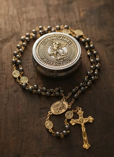 Nazareth Store St Michael Rosary Hematite Stone Beads Necklace Metal Beaded Glory Beads Archangel Medal & Cross with Metal Gift Box - color: Black, yellow