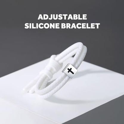 Silicone Christian Cross Braided Rope Bracelets for Men Women - color: White with Silver Cross square