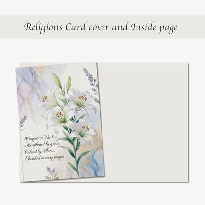 Religious Greeting Card White & Purple Lily Bouquet Floral Design – 5x7 Inch Religious Card with Envelope for Easter Sympathy Baptism Confirmation Prayer – Faith Encouragement Elegant Floral Card — Single Card - color: White & Purple Lily Bouquet