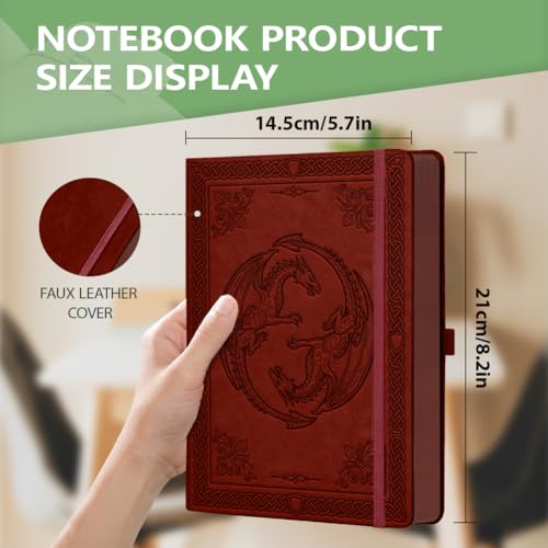 A5 Traditional Dual Dragon Leather Journal, 300 Pages Lined Notebook, Red Vintage Pattern Hardcover Notebook for Travel Diary, Business, Work and School Daily Writing - style: Dual Dragon