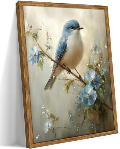 Framed Vintage Bird Wall Art Blue Sparrow in Branch Pictures Wall Decor Painting Spring Cottagecore Nature Animal Canvas Prints for Bedroom Bathroom Living Room-16×24in - color: Bird, size: 24"L x 16"W
