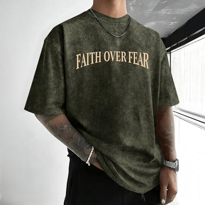 Mens Faith Over Fear Christian Shirts Jesus God Religious Bible Verse Cross Tshirt Oversized Acid Wash Graphic Tees - color: Army Green, size: XX-Large